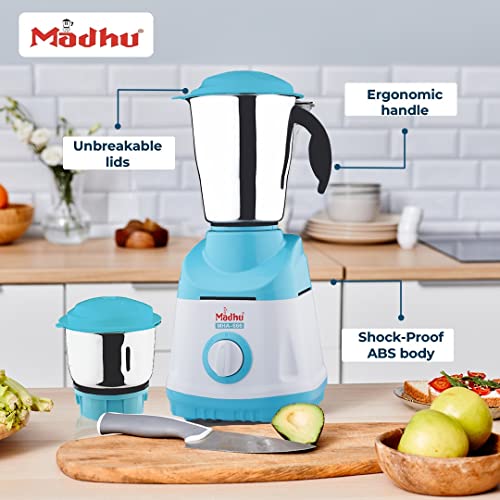 Image of MADHU MHA-666 MIXER GRINDER inchCOPPER MOTOR, STAINLESS STEEL BLADE, OVERLOAD PROTECTION, 600 WATTS, 2 STAINLESS STEEL JARS, 3 SPEED, ABS BODY, COMPACT DESIGN, ANTI SKID FEET, 1 YEAR WARRANTY inch(SKY BLUE))