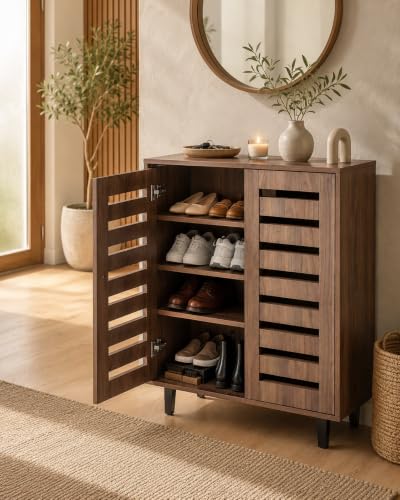 Image of Metro 2 Door Engineered Wood Shoe Cabinet | Wooden Shoe Rack with Spacious Shelves | Modern Shoe Storage Organizer for Entryway, Hallway & Living Room | Walnut Finish