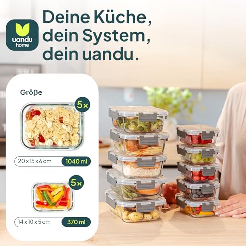 uandu Glasbehälter mit Deckel, 20- teilig, Borosilikatglas mit Deckel, Meal prep Gläser, Frischhaltedosen Glas mit Deckel, Glasdosen mit Deckel Set, Meal prep Boxen Glas (10 Behälter, 10 Deckel) 2