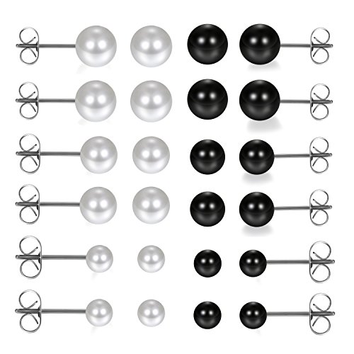 Aroncent Faux Pearl Stud Earrings 12 Pairs, Stainless Steel Round Ball Earrings Hypoallergenic Starter Set for Women Girls, 3-8mm 2 Color Available