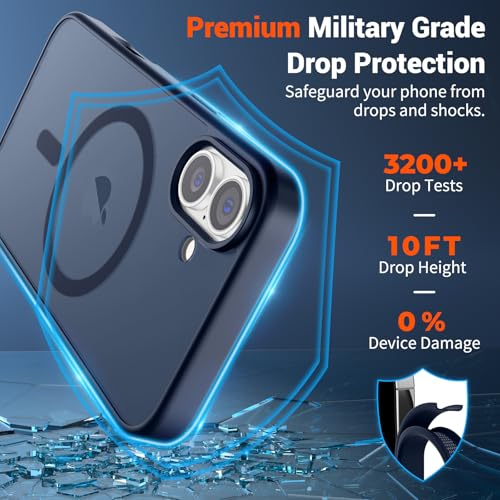 Image of SUPFINE Magnetic for iPhone 16 Case (Compatible with MagSafe) (Military Grade Drop Protection) Translucent Matte Shockproof Phone Cover,Dark Blue