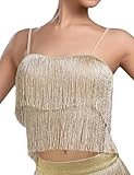 FEOYA Women's Latin Dance Costume Sequin Fringe Top Belly Dance Performance Outfit with Tassels for Party Club Gold M