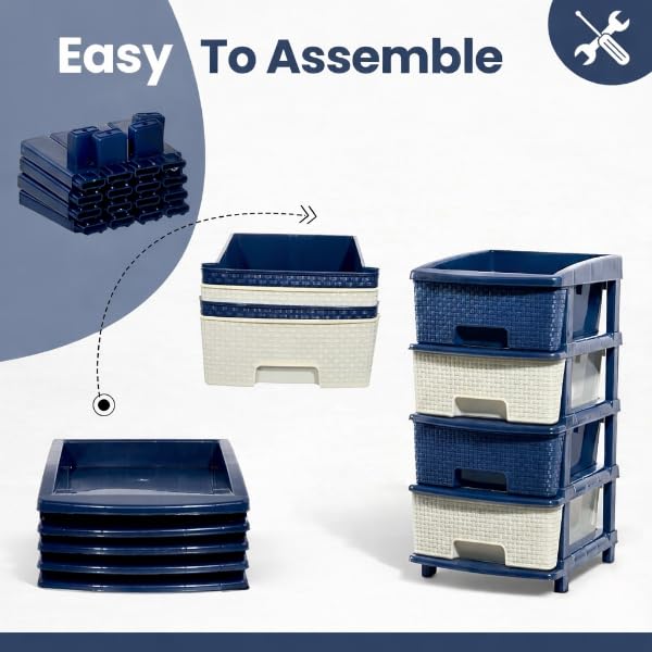 Image of Plastic Modular Drawer Storage Chest Of Drawers Organizer Storage Box, Large Stomo Racks For Multipurpose Anti-slip Shoes Organizers (White & Blue, 4 Layer)