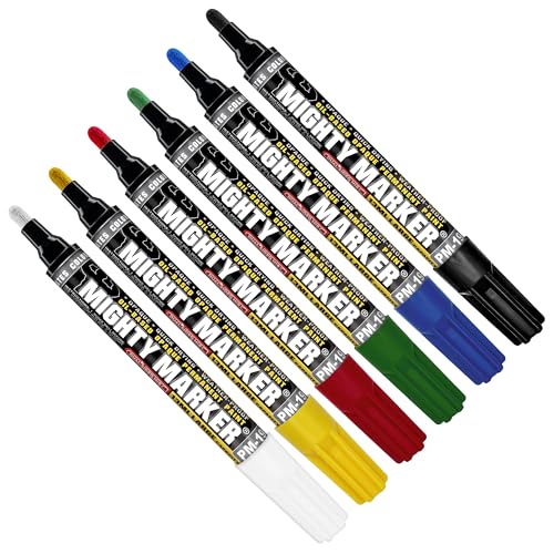 Mighty Marker PM-19 Industrial Paint Marker Xylene-Based Permanent & Quick-Dry 3.2mm Bullet / 4.8mm Chisel Dual Tip Waterproof 13ml Capacity 6 Bonus Tips Made in USA Assorted 6 pack
