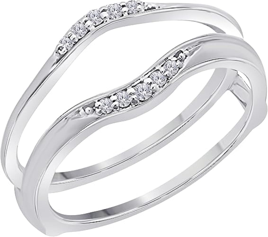Round Cut White Diamond 925 Sterling Silver In 14K White Gold Over Diamond Vintage Curved Style Enhancer Wedding Ring Guard Wrap for Women