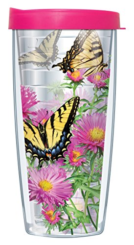 Signature Tumblers Tiger Swallowtail Butterflies on Pink Daisies Wrap on Clear 16 Ounce Double-Walled Travel Tumbler Mug with Hot Pink Easy Sip Lid