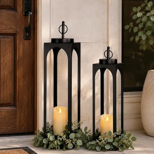 24 19 Large Decorative Lanterns 2 Pcs Black Floor Lanterns with Candles