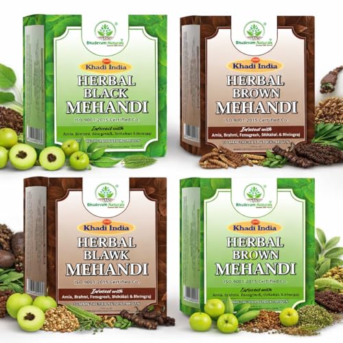 Image of Khadi Organic and Natural Brown Mehandi with Black Mehndi Combo Pack | Herbal Henna Hair Color | Long Lasting Natural Hair Dye | Grey Hair Coverage By Bhudeval Naturals - (Pack of 4)