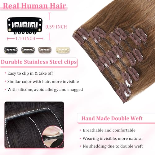 Image of Clip in Hair Extensions Real Human Hair, Human hair Clip ins Extensions | Seamless Invisible Human Hair Extensions Clip ins Straight 8Pcs Double Weft Tangle Free, No Shedding Chestnut Brown 20 inch 105g