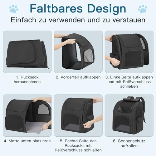 Hunderucksack bis 10kg, Haustier Rucksack mit Netzfenster, Faltbare Katzenrucksack Hunde Rucksack, Atmungsaktive und Leichte Dog Cat Backpack mit Innerer Sicherheitsleine und Haustiermatte - Schwarz