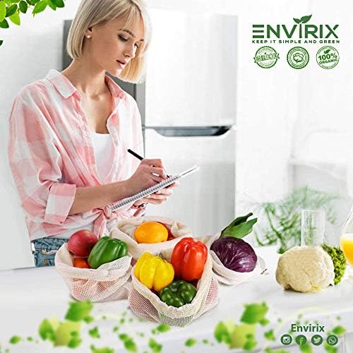 Envirix Organic Cotton Mesh Bags | Premium Quality Pack of 3 String Bags Shopping | Reusable Fruit and Vegetable Bags for Storage | Produce Potato and Onion Storage Bag | Zero Plastic Net Bags
