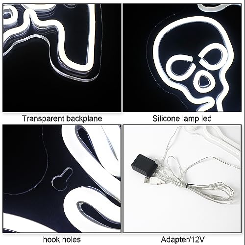 Image of WLHOPE Skull Neon Signs - White LED Skeleton Skull Signs for Wall Decor, Halloween Decor, USB Waving Ghost Neon Light Up Signs for Bedroom, Kid's Room, Bar, Club, Shops, Party Decoration