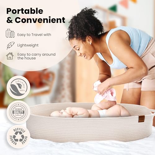 Image of Baby Changing Basket for Baby Dresser, Moses Basket for Babies, Cotton Rope Diaper Changing Basket, Unisex Baby Moses Basket, Foam Diaper Changing Pad for Dresser, Changing Table Topper for Dresser
