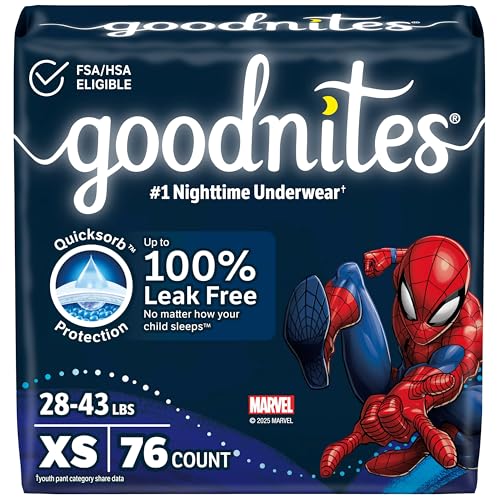 Goodnites Boys' Nighttime Bedwetting Underwear, Size Extra Small (28-43 lbs), 76 Ct (2 Packs of 38), Packaging May Vary