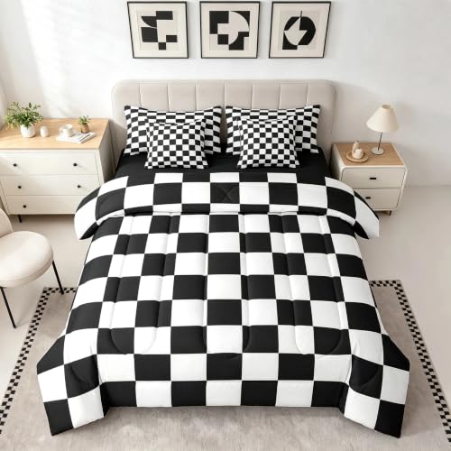 Image of Feelyou Checkered Retro 7 Piece Bedding Set Teen Women Men Black White Plaid Comforter Set with Sheets Twin Size Kids Boys Geometric Vintage Bed in a Bag Modern Simple Groovy Aesthetic Room Decor