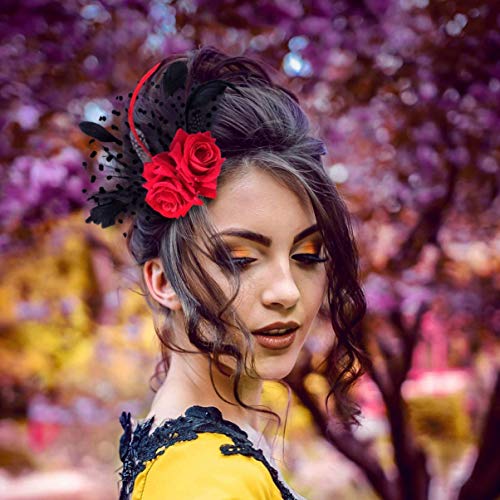 FRCOLOR Bridal Hair Clip Floral Rose Hair Pin with Veil Fascinator for Wedding Halloween Party Accessories for Women and Girls - Image 2