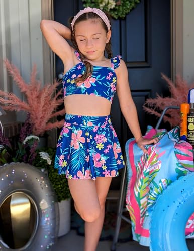Image of Arshiner Girls Swimsuit 3 Piece Bathing Suits Cute Bikini Tankini Sets Teen Ruffle Swimwear with Cover Up Skirt