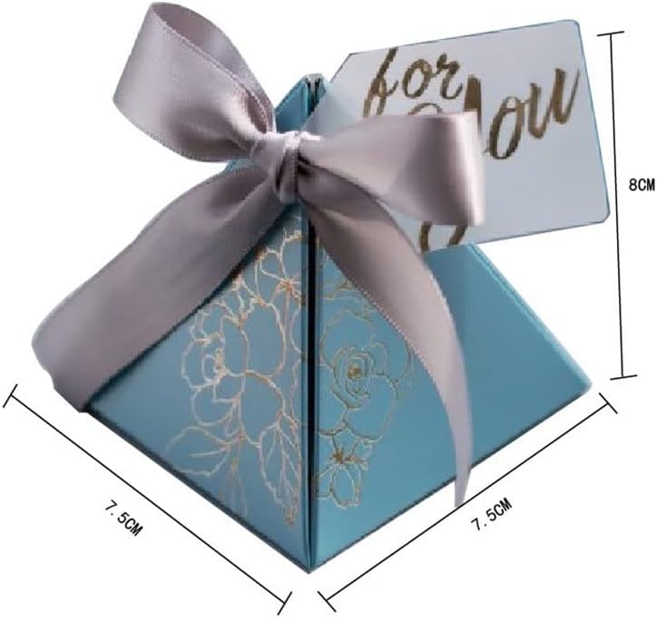 New Triangular Pyramid Candy Box Wedding Rose Paper Gifts Boxes with Card & Ribbon Candy Bags for Guests Chocolate Packaging Box (Blue,100pcs)