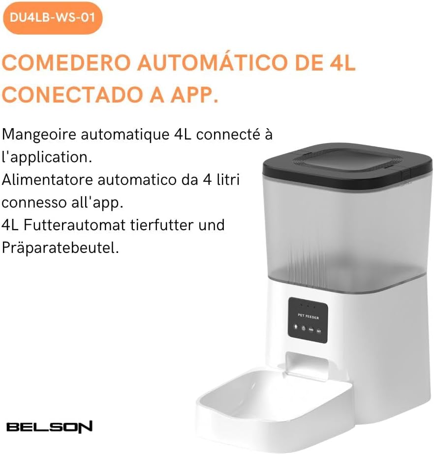 Belson DU4LB-WS-01 Automatic Pet Feeder highlighting 4L capacity and app connectivity.