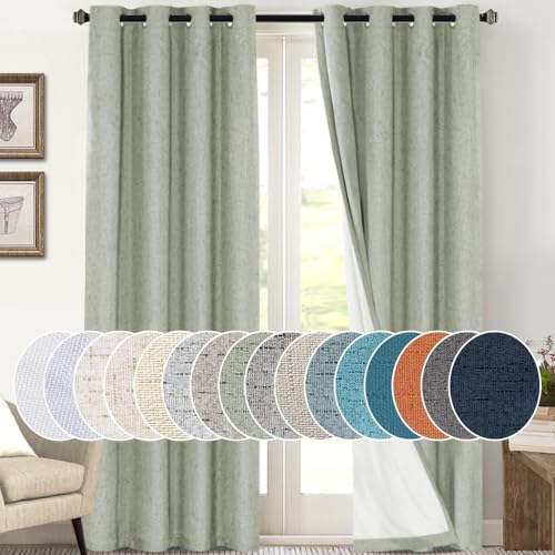 Image of PrinceDeco Blackout Curtains 108 Inches Long 2 Panels 100% Blackout Linen Textured Curtains for Bedroom Extra Long Drapes for Living Room Thermal Insulated with White Liner,52 x 108 Inch,Sage