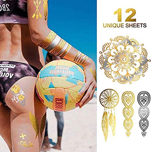 Temporary Tattoos, 12 Sheets Henna Tattoo Kit, 176 Pieces Flash Metallic Silver White Tattoos Combo, Mandala Festival Clothing, Gold Tattoos, DIY Home Decor, Boho Body Tattoos for Women Kids