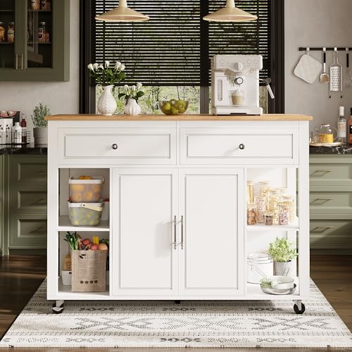 SACOOL Isla de cocina de alta calidad con ruedas, carrito de servicio multifuncional con vetas de madera y gran espacio de almacenamiento, 2 cajones y frenos, carrito de cocina para comedor, salón