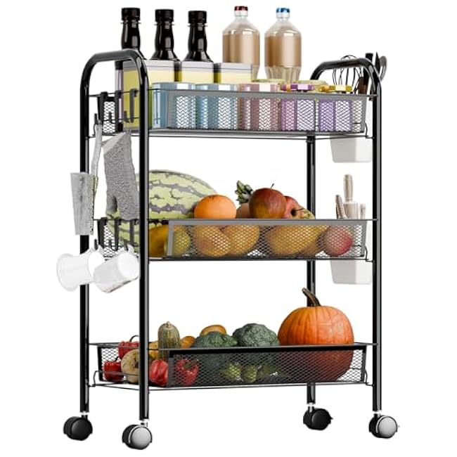 3-Tier Snack Cart with Wheels, Stackable Fruit Stand for Kitchen Floor, Metal Wire Storage Basket Organizer, Bathroom Cart with Mesh Basket for Fruit and Snacks (Black)-0Ps9P1Ll