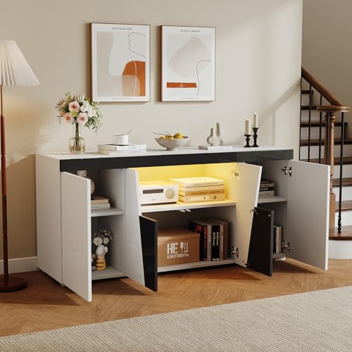 SUKY Aparador de salón, armario de almacenamiento grande con 3 armarios y 4 puertas, diseño angulado + bloqueo de color blanco y negro, cómoda moderna con barra de luz LED, 140 x 40 x 65 cm