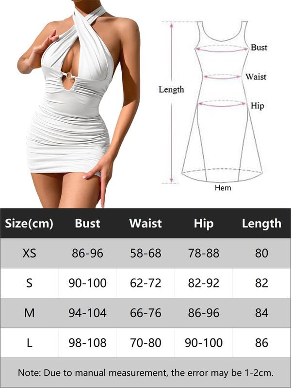 Vestidos Mujer Sexy Cruzado Cuello Halter Mini Vestido Ajustado Elegantes sin Manga Recortado Vestidos Corto Verano sin Espalda Bodycon Wrap Vestido Fruncido de Fiesta Cóctel Noche Clubwear