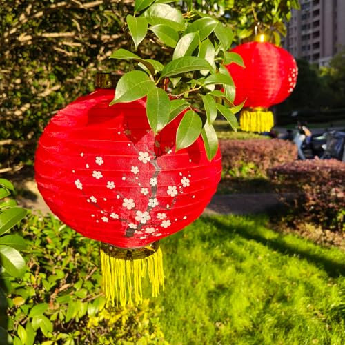 Image of KYMY Cherry Blossom Red Lanterns, 2pcs Japanese Spring Festival Sakura Silk Fabric Lanterns 11.8 inch, Oriental Style Flower Lanterns for Asian Lunar New Year Home Resturant Wedding Party Decoration