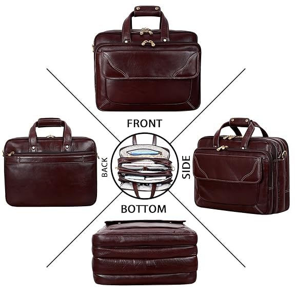 Image of Full-Grain Natural Genuine Pure Orginal Leather Office Briefcase Laptop Messenger Shoulder Bags For Mens Man Office Use 15.6 Inch cabin szie travelling Size-L-16'' X H-12'' X W- 6''