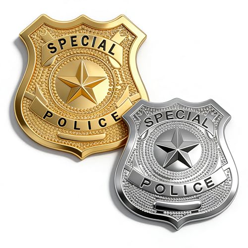2 Pcs Badge de Police Métal Argent Or 6cm,Insigne Policier Robuste pour Enfant Adulte Jeu Rôle...