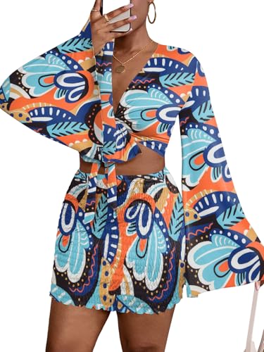 Image of LYANER Women 2 Piece Vacation Outfits Tie Knot Front Bell Long Sleeve Crop Top and Mini Skirt Summer Set