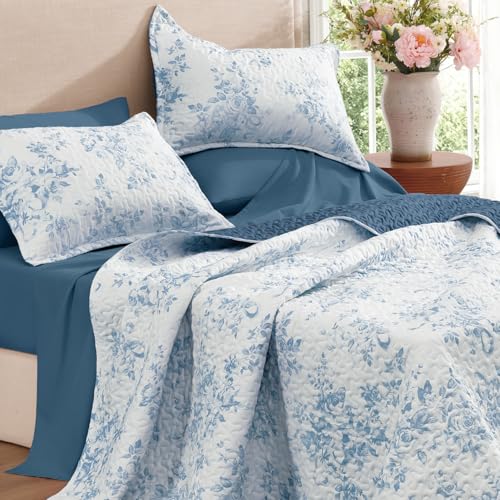 Image of Andency Quilt Queen Size, Blue Flower Bedspread Queen Size, 3 Pieces Soft Bedding Set, Lightweight Coverlet Set for All Season with 2 Pillowcases (96 inchx90 inch)
