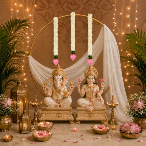 Image of Party Propz Golden Metal Ring Stand for Ganpati Decoration Setup for Home - 5pcs Ganpati Decoration Stand with White Net Curtain and Lotus Bud, Varalakshmi Pooja Decorative Items, Janmashtami Decor