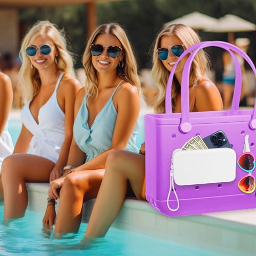 Image of Mity rain Silicone Wallet for Bogg Bag Phone Holder | Accessories Set for Bogg Bag Contain 2PCS Key Holder and Large Capacity Silicone Zipper Bag for Beach Bags Tote Bag (White)