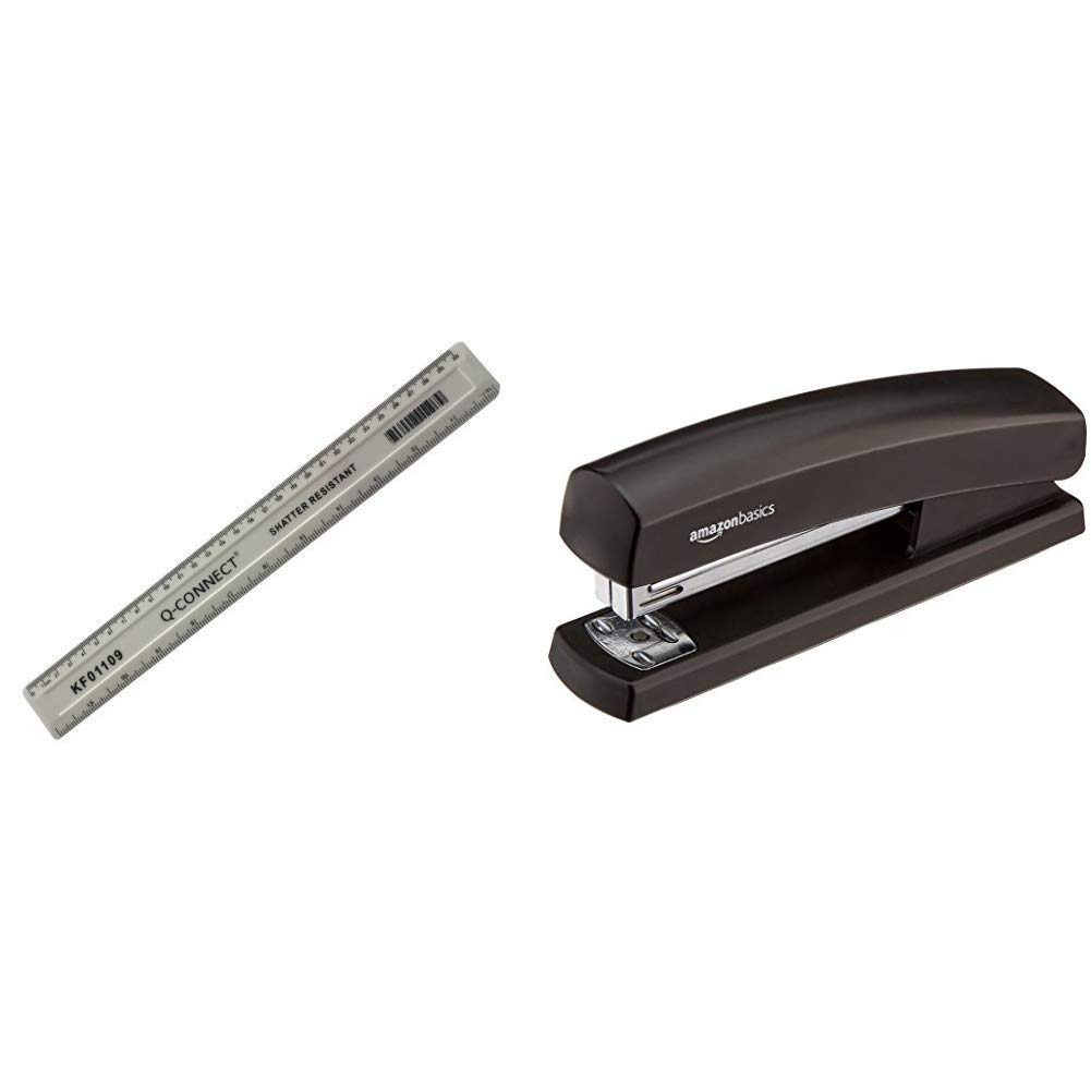 Q Connect 300mm Shatterproof Ruler - White & Amazon Basics Stapler with 1000 Staples, Black