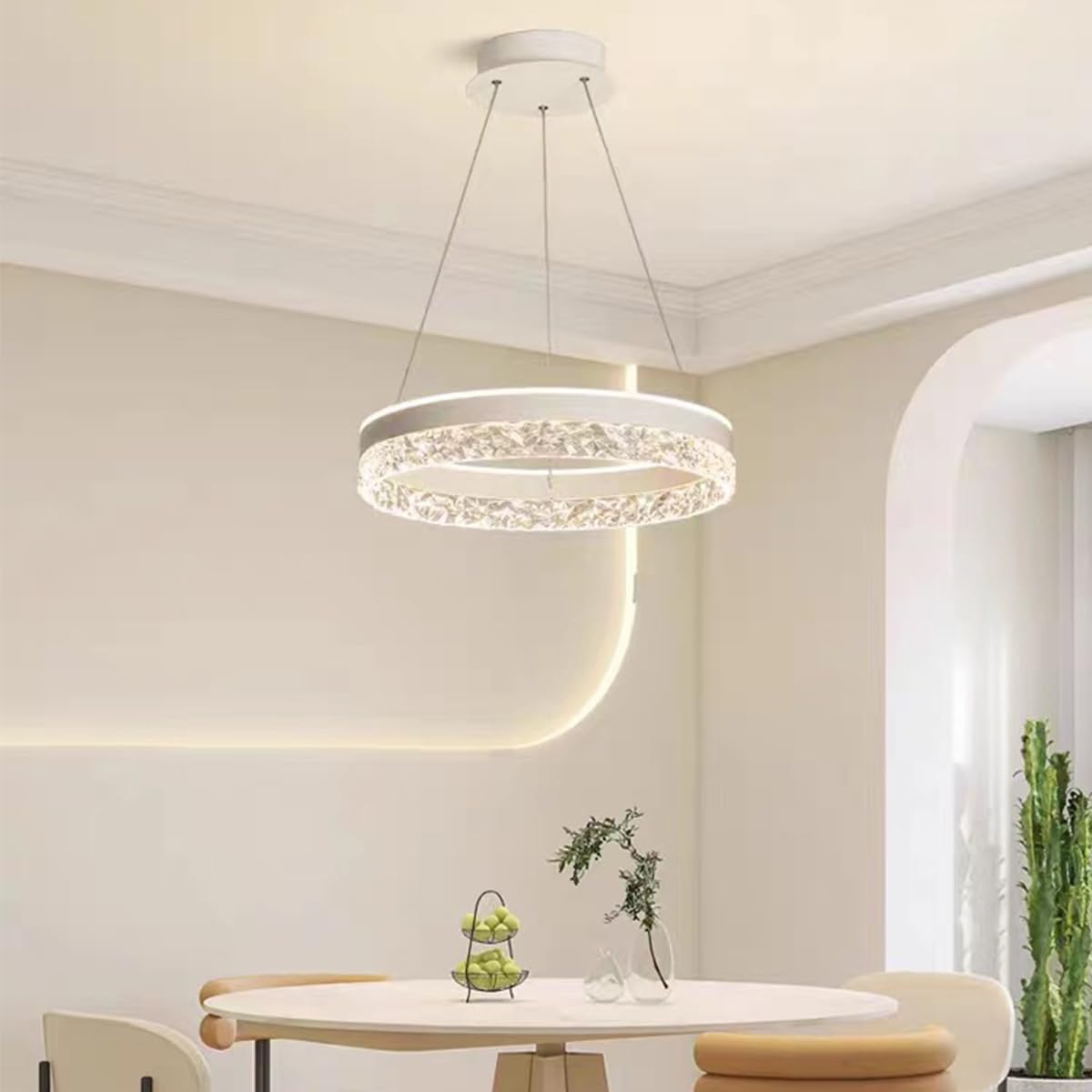 Aleaty LED Chandelier New Modern High End Restaurant Pendant Lamp Ring Ceiling Lamp with Crystal Shape Acrylic Dimmable Remote Control Adjustable Round Pendant Lamp (White)