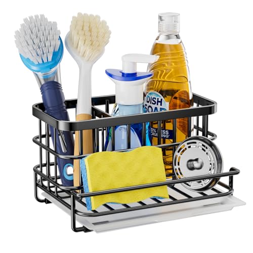 HapiRm Kitchen Sink Organizer, SUS304 Stainless Steel Rustproof Multifunctional Sink Caddy with Sponge Holder and Drain Tray for Kitchen Countertop (Black)