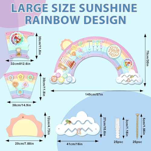 Image of 5FT Large Pastel Rainbow Wooden Activity Wall Panel for Toddler Educational Montessori Toy for Kids Interactive Sensory Toys Sensory Activity Busy Board Daycare Learning Center Toddler Room Decor