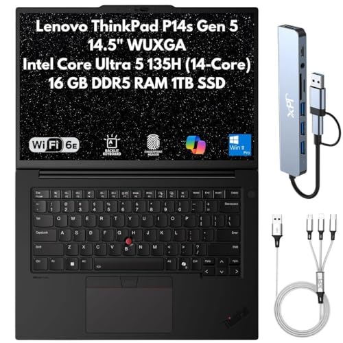 Image of Lenovo ThinkPad P14s Gen 5 Mobile Workstation, 14.5 inch WUXGA (1920x1200), Intel 14-Core Ultra 5 135H (Beats i7-13700H), 16GB DDR5 RAM, 1TB SSD Gen4, FPReader, RJ45, Wi-Fi 6E, IR Cam, Windows 11 Pro