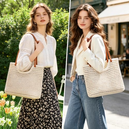 Bolso de Playa Tejido para Mujer Beige miniatura 3