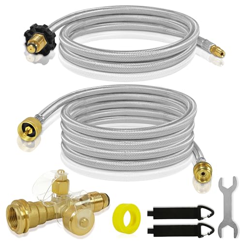 Extend A Stay RV Propane Kit Propane Brass Tee 4 Port Adapter Kit with 5ft & 12FT Stainless Braided Hoses for Motorhomes Camping Connecting Auxiliary Propane Cylinders to Appliances