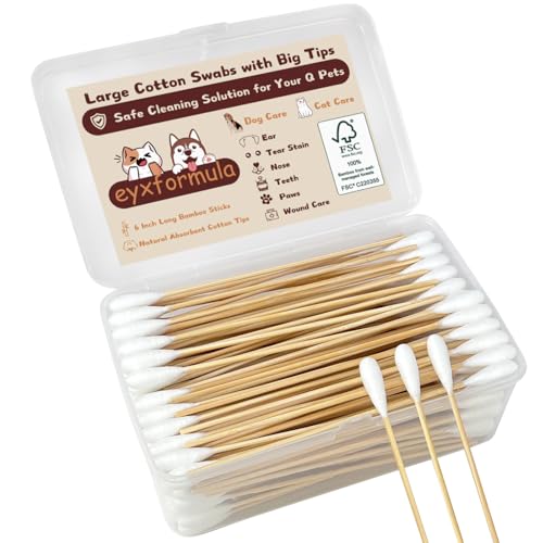 eyxformula 6 Inch Long Cotton Swabs for Pet Cleaning, Bamboo Handle, Pet Ear Cleaning Solution Supplies for Dogs and Cats (200 pcs Large Cotton swabs)