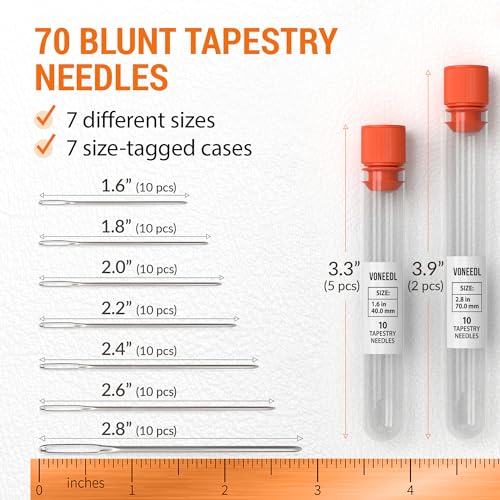 Image of VONEEDL Large Eye Blunt Tapestry Needles (Pack of 70) - 7 Sizes with 7 Storage Tubes - Stainless Steel - Perfect for Darning, Embroidery, Cross-Stitching, Crafting, Knitting, Weaving, and DIY