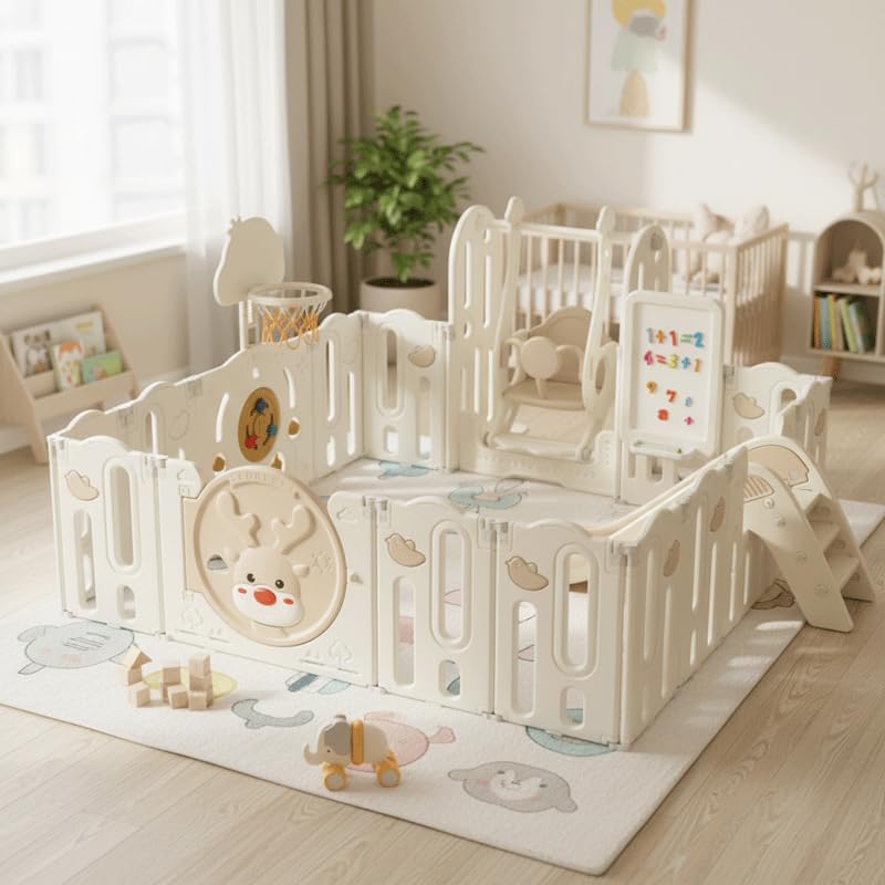 Parc Bébé Plastique ZH25, XXL 190x196cm Parc de Jeu avec Toboggan, Balançoire & Panier de Basket, Aire de Jeux Enfant Intérieur Extérieur, Centre d'Activités Pliable, Protection UV, Couleur Beige