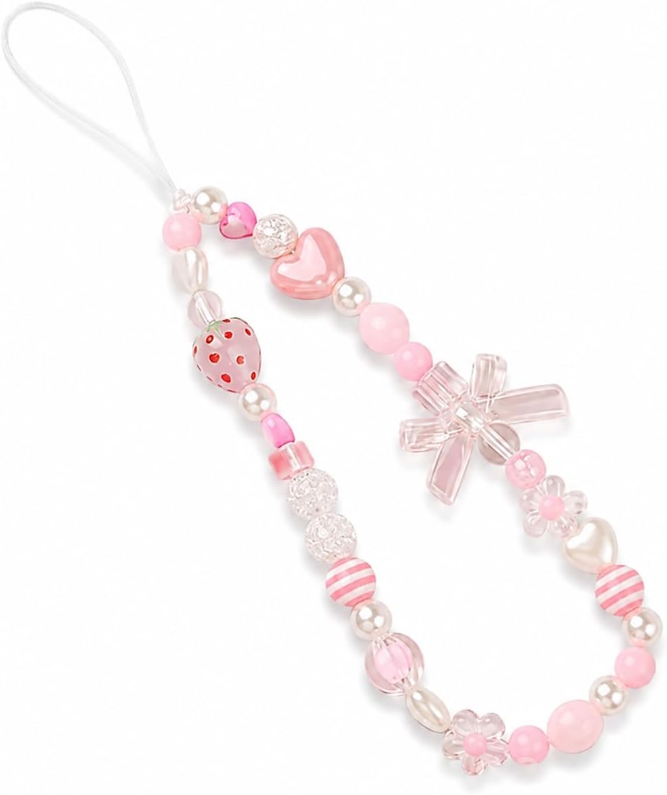 Cute Phone Charm, Beaded Pearl Wrist Strap for Phone Case, Strawberry