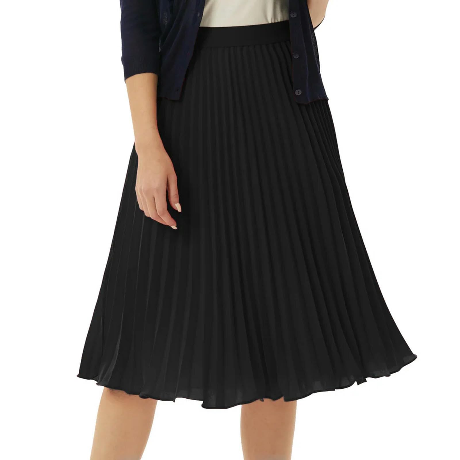 Gonna Midi in Maglia a Costine a Trapezio Svasata a Pieghe a Vita Alta da Donna Gonna Longuette con Vita Elasticizzata al Ginocchio da Donna-Verde nerastro-S