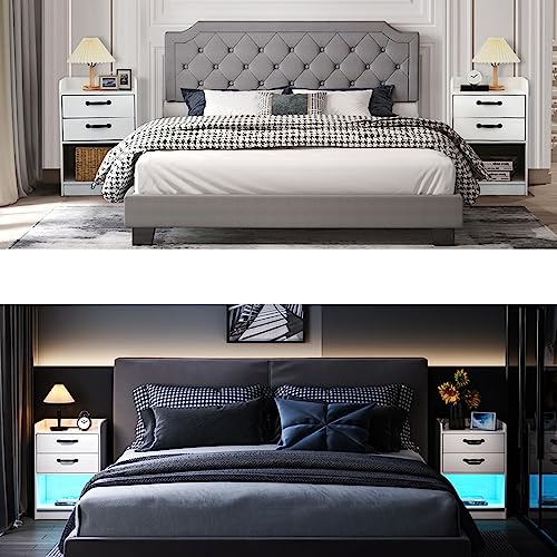 White Nightstand Set Of 2 With Charging Station And Led Lights, Modern End Side Table With 2 Drawers And Open Storage For Living Room, Night Stands For Bedrooms Set Of 2 White #TOP3