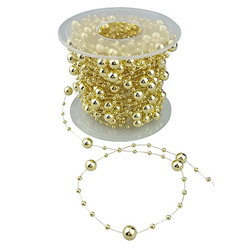 Fowod Pearl Beads Garland/Pearl String/Beaded Wire, 8 mm and 3 mm Mixed, 50 Feet Roll, Gold